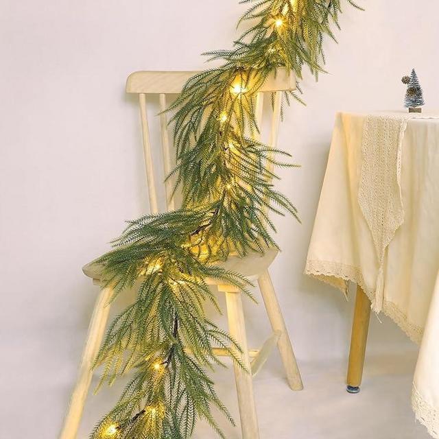 6 Ft 20 LED Real-Touch Norfolk Pine Garland, Prelit Christmas Garland Decorations Faux Cedar Garland Realistic Pine Garland Christmas Garland with Lights Timer Xmas Garland for Mantle Table Front Door