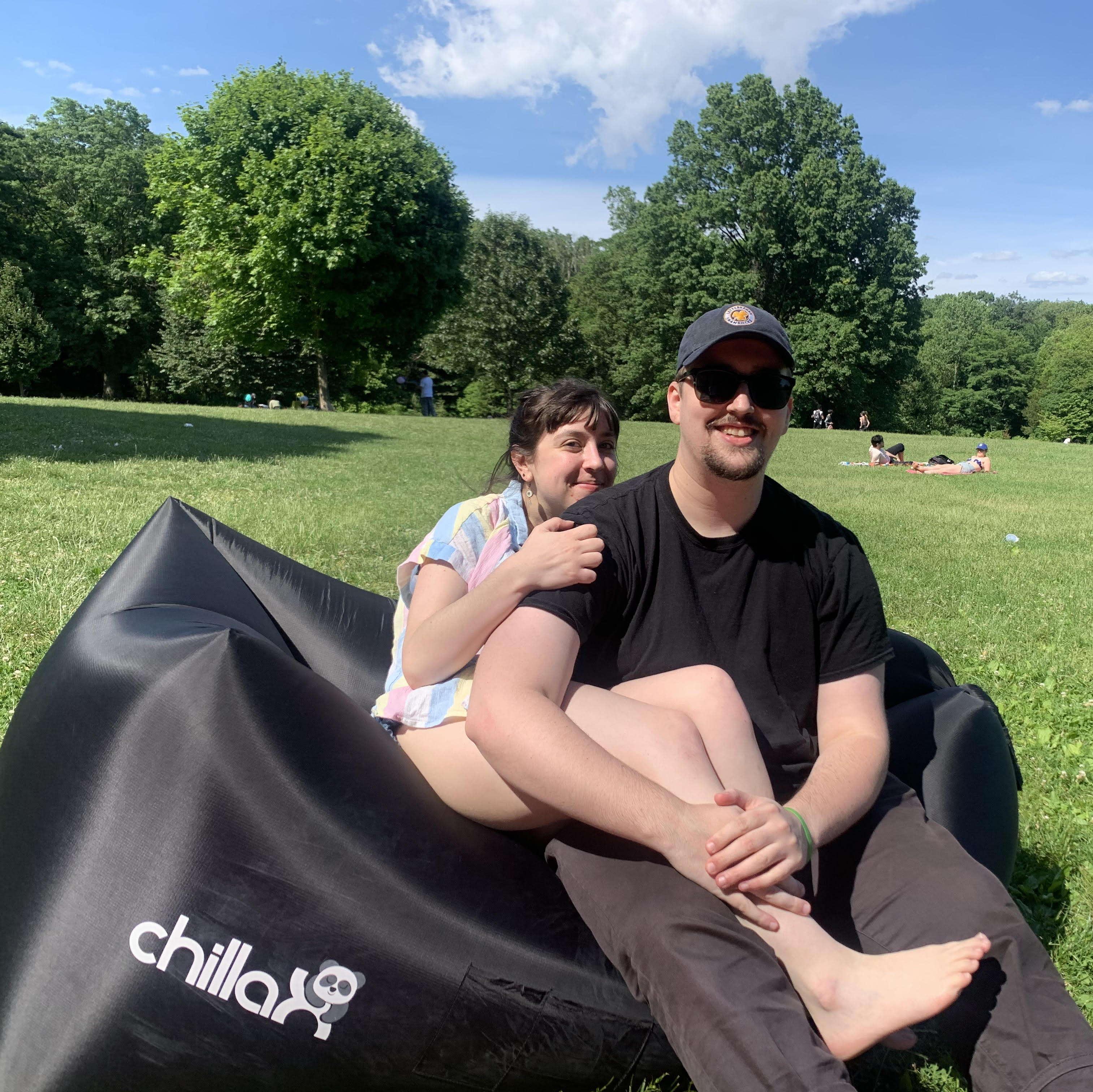 Maria and Jeff peeking their heads out from quarantine to soak up the sun in Prospect Park in spring 2020.