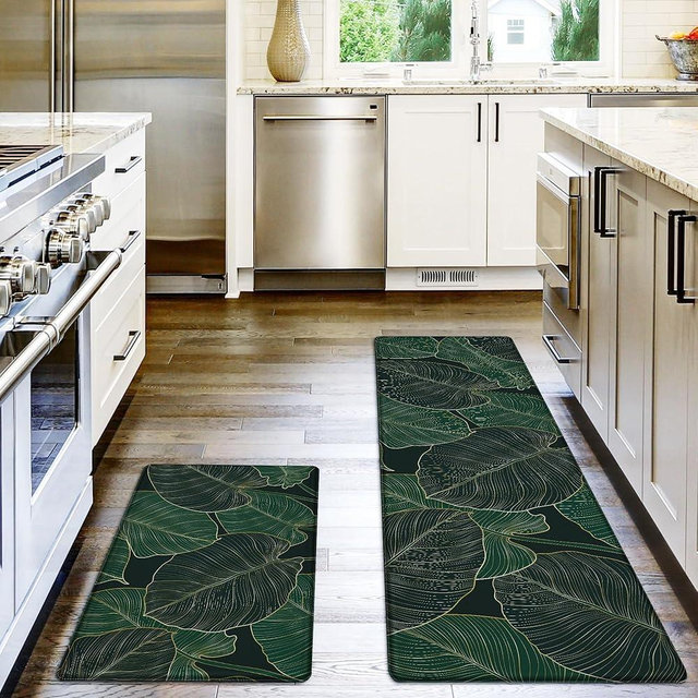 Kitchen Mats for Floor Cushioned Anti Fatigue Mats for Kitchen Floor Green Kitchen Floor Mat Memory Foam Boho Kitchen Rugs Luxury Kitchen Runner Kitchen Rugs Sets of 2, 17.3x28+17.3x59, 0.4 inches