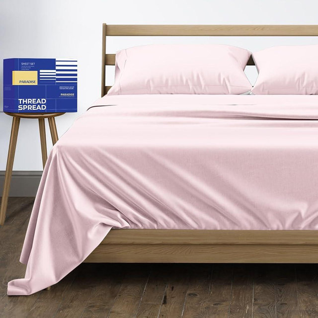 THREAD SPREAD 100% Pure Egyptian Cotton Sheets Queen Size - High Thread Count Sheets Queen Size, 4 PC Luxury Hotel Sheet for Queen Bed, 16" Deep Pocket Sateen Weave Cooling Bedding Sets - Blush