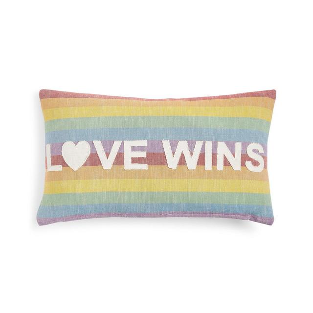 Lacourte Love Wins Cotton Rainbow Stripe Appliqué 14" x 24" Decorative Pillow