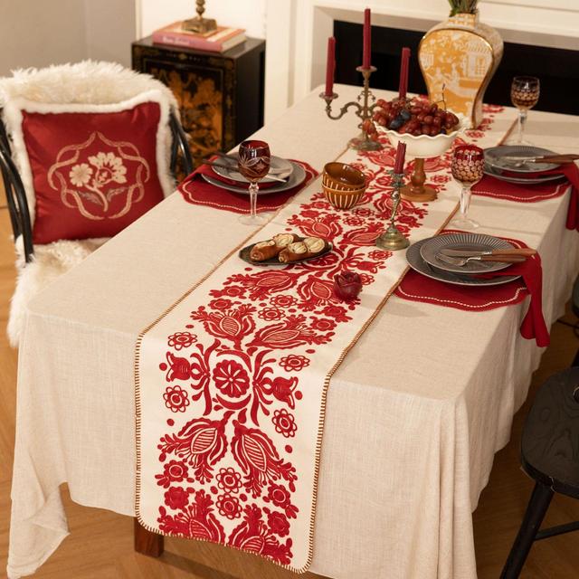 Red Floral Embroidery Table Runner, Christmas Holiday Decor, Wedding Table Setting, Dining Room Accent, Custom Size, Everyday Home Decor