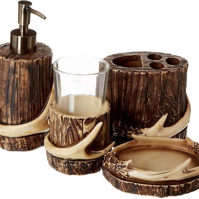 HiEnd Accents Antler 4-PC Bath Accessory Set, Brown & Tan