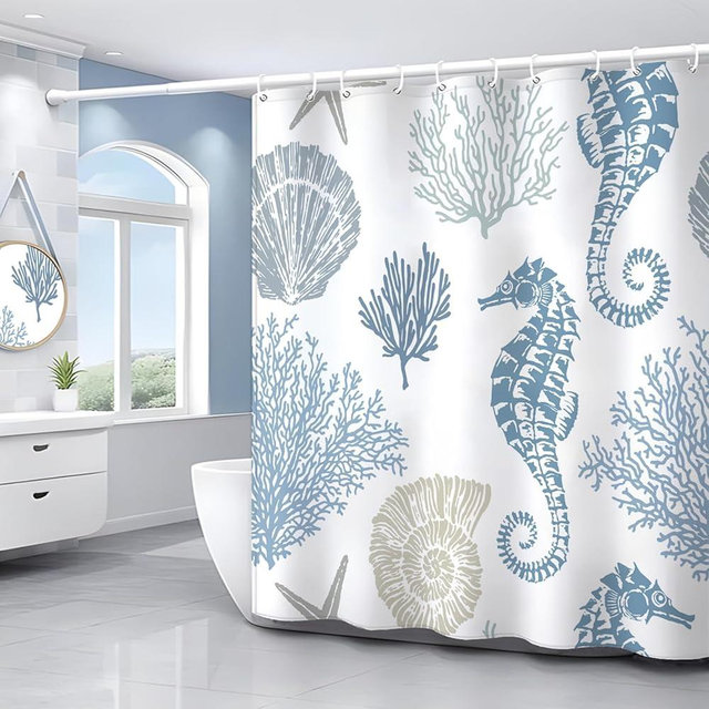 ZCHOMI Coastal Seahorse Shower Curtain Starfish Seashell Coral Beach Ocean Shower Curtains for Bathroom Waterproof Polyester Fabric Bath Curtain 72 x 72 Inch with 12 Hooks