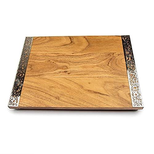 Yair Emanuel Wooden Challah Bread Cutting Board for Shabbat and Yom Tov | Filigree Accent Decoration