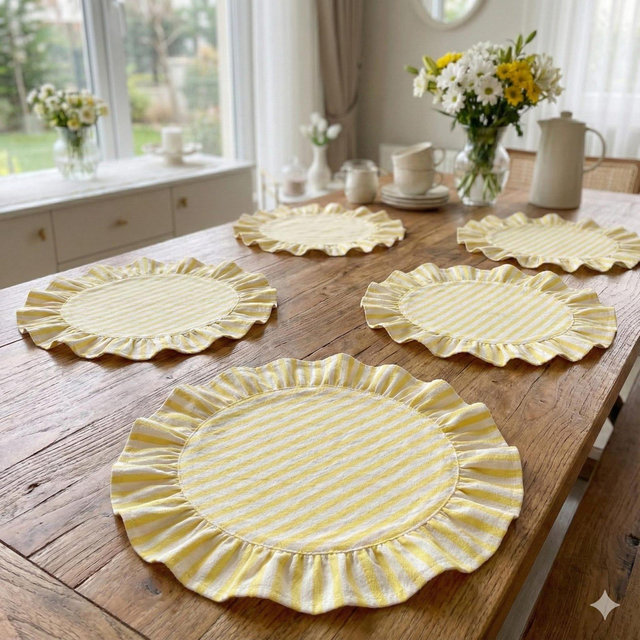 Yellow Linen Ruffled Placemat, Farmhouse Kitchen Charger, French Country Decor, Rustic Wedding Charger, Cute Breakfast Mat
