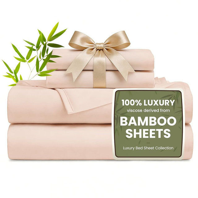 Love's cabin 4 Piece King Size Sheet Set, 100% Rayon Derived from Bamboo, Cooling & Breathable, Soft Silky Deep Pocket up to 16", Hotel Luxury Bedding for Hot Sleepers, Pink