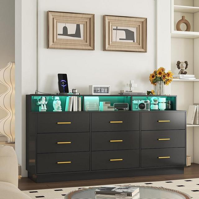 knoworld Black 9 Drawer Dressers for Bedroom, Modern Large Dresser with LED Light and Power Outlet, Wooden Long Dresser, Triple Dresser for Bedroom, Living Room, Entryway, Hallway