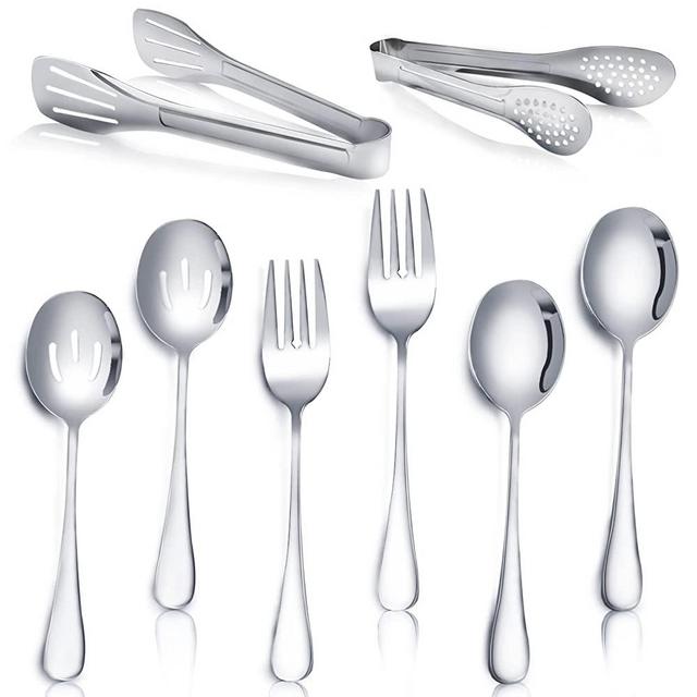 Dmoera 8 Pieces Stainless Steel Flatware Serving Utensils,Include 2 Serving Spoons, 2 Slotted Spoons, 2 Tongs and 2 Forks for Party Buffet Banquet Kitchen(Silver)…