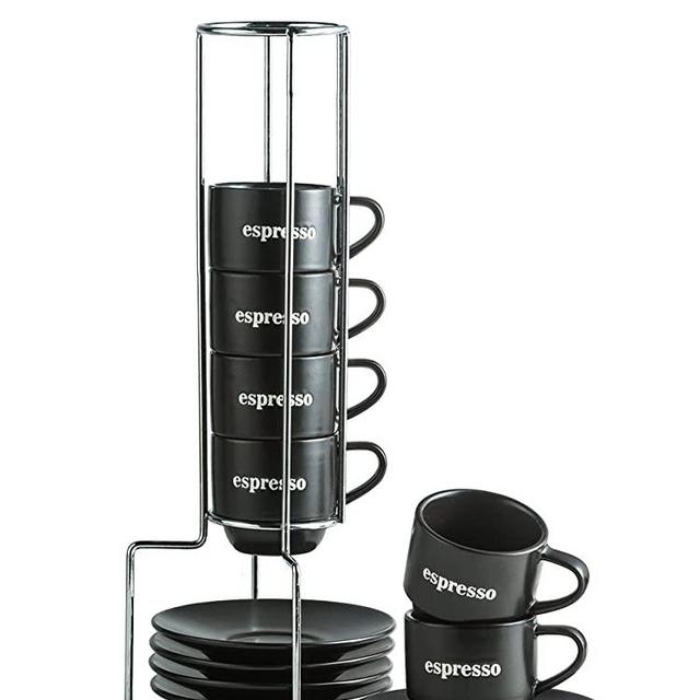 Espresso Cups with Saucers and Cup Holder, 4 Ounces Coffee Cups Set for Cappuccino Latte Cafe Mocha and Tea Coffee, Set of 6, Black