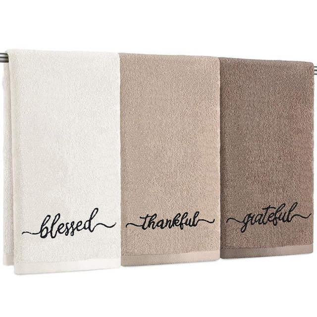SmoothNovelty 3 Pcs Brown and White Fingertip Towels 100% Cotton Fall Farmhouse Bathroom Hand Towels 12 x 18 in Decorative Embroidery Blessed Thankful Grateful for Thanksgiving Gift Home Decor