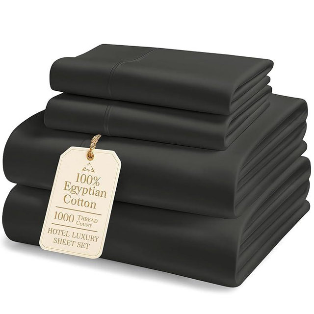 LANE LINEN 100% Egyptian Cotton Sheets Set Full Size Bed - 1000 Thread Count, Fully Elasticized Reinforced Seams Extra Deep Pocket Full Sheets Set, No Pill Fade Resistant Cooling - Black