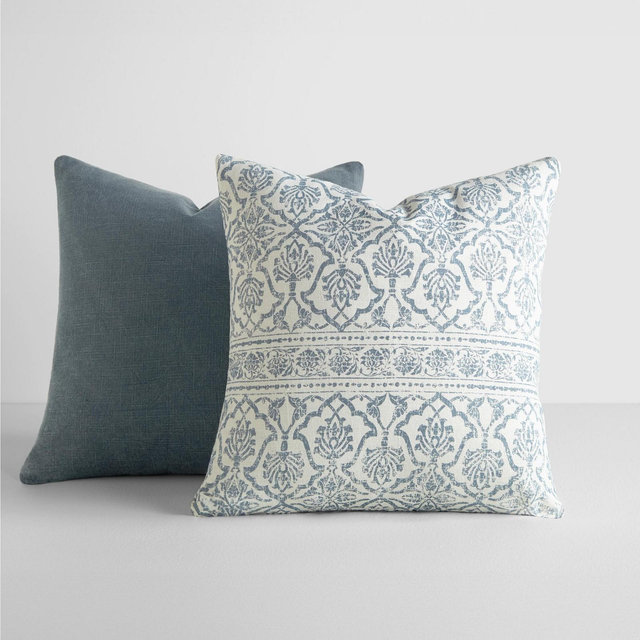 2-Pack Cotton Slub Navy Antique Floral Throw Pillows and Pillow Inserts Set - Becky Cameron, Antique Floral Navy