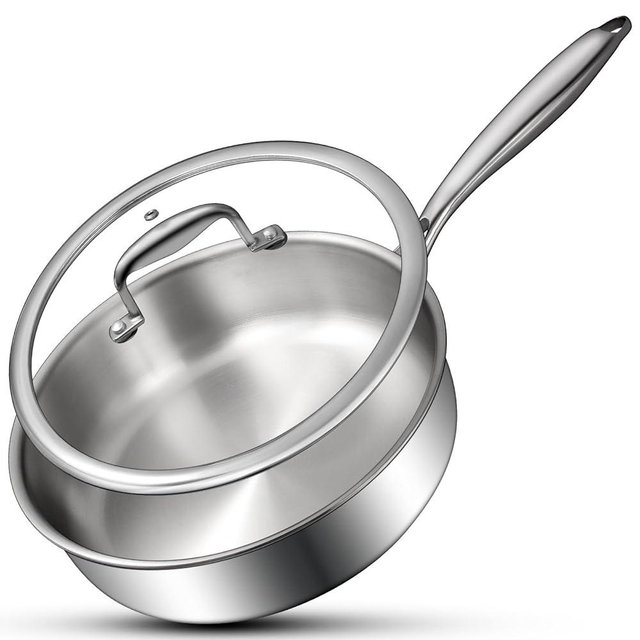 Tri-Ply Stainless Steel Frying Pan 3QT, 10 Inch Deep Frying Pan with lids, Skillet, Induction Cooking Pan, Dishwasher and Oven Safe, Fast & Even Heat, Heavy Duty and Detachable Handle