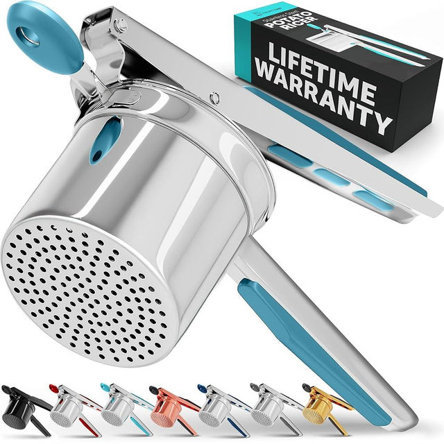 PriorityChef Large 15oz Potato Ricer, Heavy Duty Stainless Steel Potato Masher and Ricer Kitchen Tool, Press and Mash Kitchen Gadget For Perfect Mashed Potatoes - Everytime, Silver and Turquoise