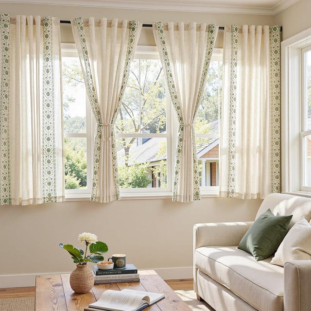jinchan Boho Curtains for Bedroom 4 Pack Sage Green Vintage Floral Farmhouse Curtains 63 Inch Linen Blend Drapes for Living Room Embroidered Light Filtering Drapes Cottagecore Sage on Beige