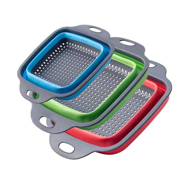 Collapsible Colander, Square Silicone Kitchen Strainers Foldable Kitchen Strainer Perfect for Draining Pasta Vegetable and Fruit (Green,Red, Blue)