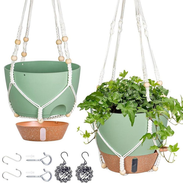 Fielda 10 Inch Hanging Planters for Indoor Plants, 2 Pack Self Watering Hanging Baskets Flower Pots with Drainage Hole, Visual Reservoir & 2 Kinds of Plant Hanger for Home Decor