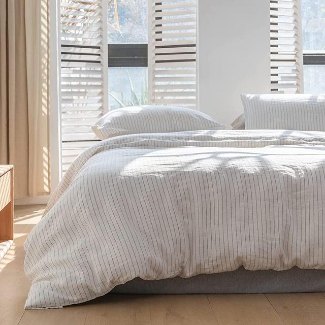 Simple&Opulence 100% Linen Duvet Cover Set 3pcs Yarn Dyed Vertical Pinstripe Ticking Pattern Natural French Washed Flax Breathable Farmhouse Bedding - Grey Stripe, Queen Size