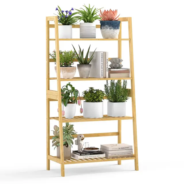 SUGIFT 4-Tier Bamboo Ladder Shelf Multipurpose Plant Display Stand Storage Bookshelf