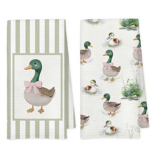Qskjre Mallard Duck Nursery Kids Bathroom Hand Towels, Duck Bathroom Decor, Neutral Striped Pink Bow Farm Animals Decorative Kitchen Tea Dish Towel for Kitchen Decor, 16x24 Inch Set of 2