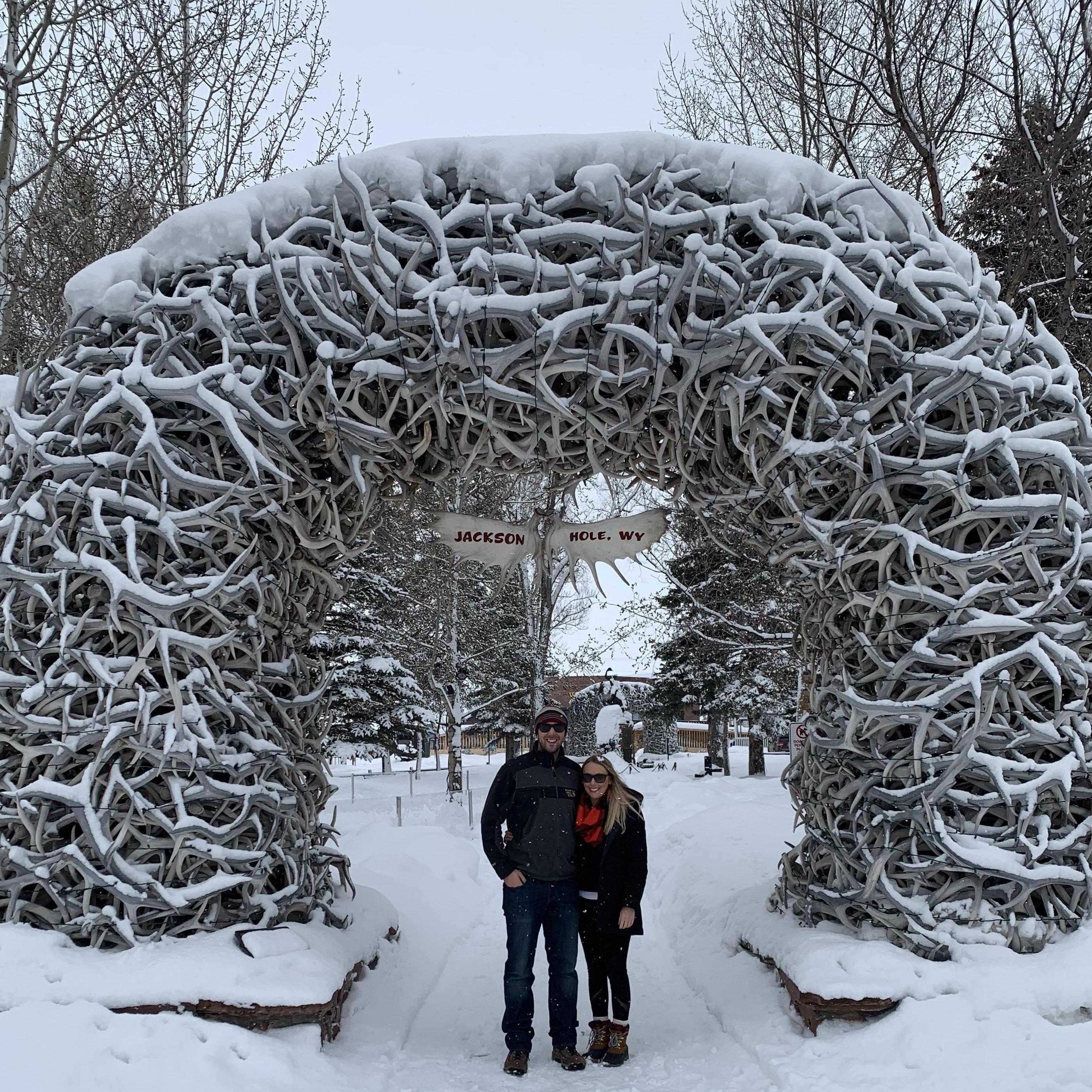 2.26.2019 - Jackson Hole, WY - Posing under the famous antler arch on a ski trip with friends