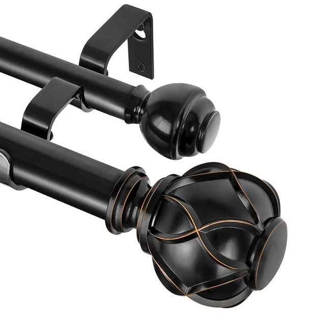 KAMANINA 1 Inch Double Curtain Rods for Windows 140 to 195 Inches (12-16 Feet), Black Heavy Duty Double Curtain Rod, Telescoping Drapery Rod with Netted Texture Finials