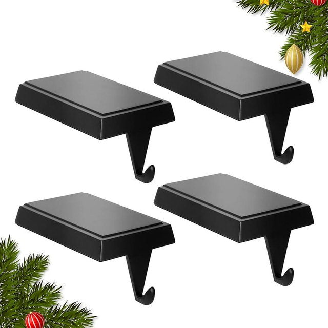 SINTENILL Christmas Stocking Holders for Mantle Set of 4, Heavy Weighted Metal Stocking Holders Hangers Low Profile Stocking Hooks Bases for Fireplace Table Xmas Holiday Party Decoration, Black