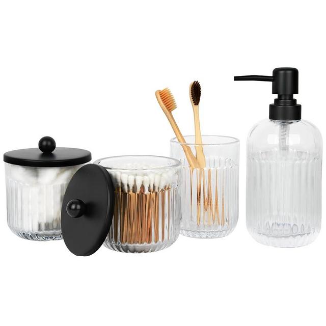 Clear Bathroom Accessories Set 4 Pcs,Glass Bathroom Accessories Set with Toothbrush Holder,Lotion Soap Dispenser,2 Cotton Swab Jars - Countertop Organizer for Modern Bathroom Decor