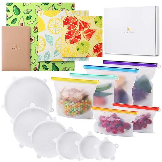 Homelux Theory 15 Pack Silicone Food Storage Reusable Bags+ Beeswax Wrap+ Silicone Stretch Lids, Zero Waste Products, Plastic Free Reusable Food Wraps & Covers, Airtight Seal Food Bags (15 Piece Set)