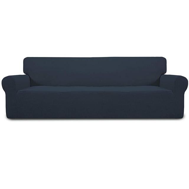 Easy-Going Stretch 4 Seater Sofa Slipcover 1-Piece Sofa Cover Furniture Protector Couch Soft with Elastic Bottom for Kids, Polyester Spandex Jacquard Fabric Small Checks Dark Blue