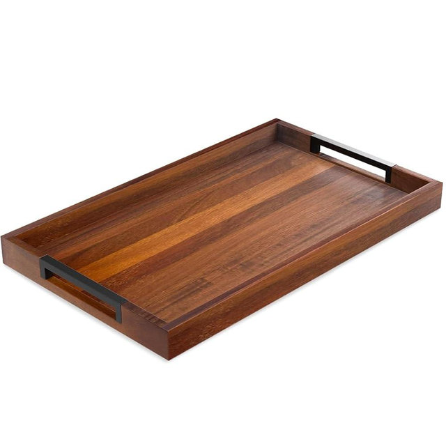 Acacia Wood Serving Tray with Handles, Large Wooden Ottoman & Coffee Table Tray 16.5"x12" with 2 Silicone Mats – Decorative Wooden Serving Tray for Breakfast in Bed, Kitchen, Bar & Home Décor