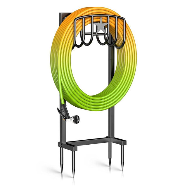 Mogaath Garden Hose Holder – Heavy-Duty Freestanding Metal Stand, Holds 150FT Hose, with Stable 4-Spike Base, Easy to Install for Outdoor Yard, Lawn, Garden (Black)