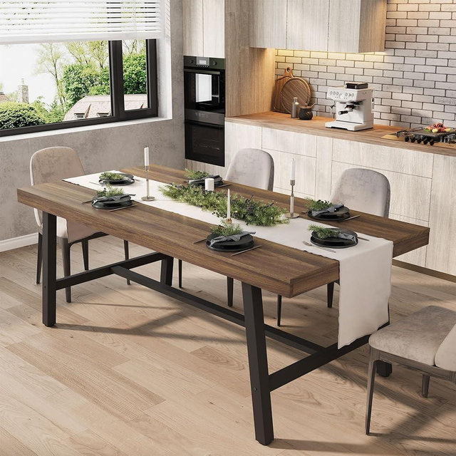 Industrial Dining Table for 6-8 People, 70.87" Long Wooden Kitchen Table with Sturdy Metal Frame & Rustic Brown Finish - Seats 6 Rectangular Counter for Dinner, Kitchen, Dining Room - Brown