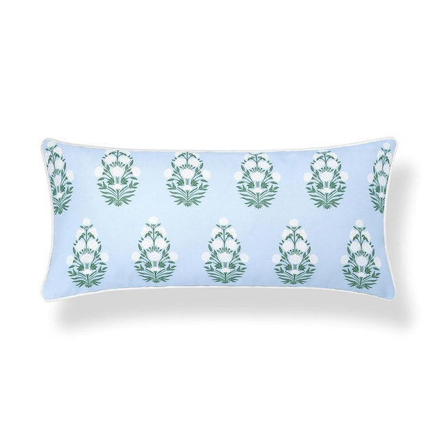 Hofdeco Premium Coastal Grandmillennial Patio Indoor Outdoor Lumbar Pillow Cover Only, 12"x26" Water Repellent for Backyard, Couch, Poolside, Baby Blue Green Print Flower