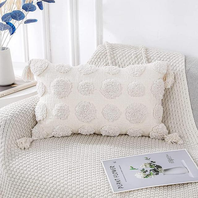 PANOD Super Soft Farmhouse Decorative Plush Throw Pillow Covers 12 x 20 White,Solid Pom pom Tufted with Tassels Modern Accent Boho Lumbar Cushion Cover Pillow Case for Couch Sofa