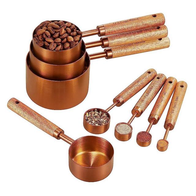 Copper Stainless Steel Measuring Cups and Spoons Set of 8, Wooden Handle with US Measurements, Metric Cups and Spoons for cooking and baking