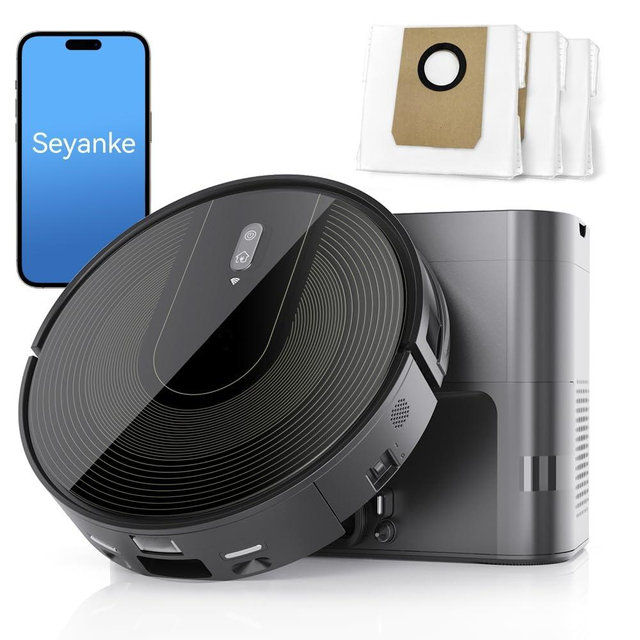 Seyanke Robot Vacuum Cleaner with Self-Emptying Base, 9000Pa Suction, 85-Day Dustbin, Wi-Fi/App/Alexa Control, Ideal for Hard Floors, Low Carpets & Pet Hair