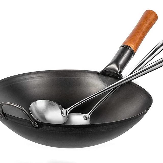 Yosukata Carbon Steel Wok Pan 14 “ and YOSUKATA 17’’ Wok Spatula and Ladle - Set of 2 Heat-Resistant Wok Tools
