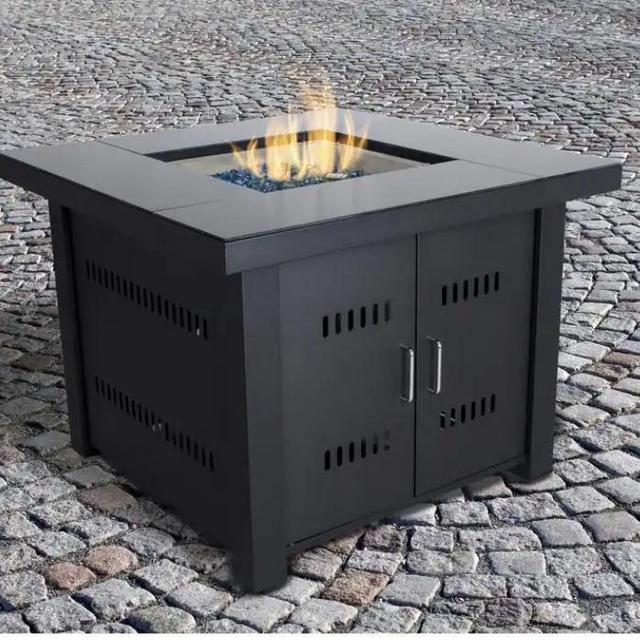 Sheridan 38 in. x 29 in. Square Steel Propane Gas Fire Pit Table in Black with Glass Fire Rocks