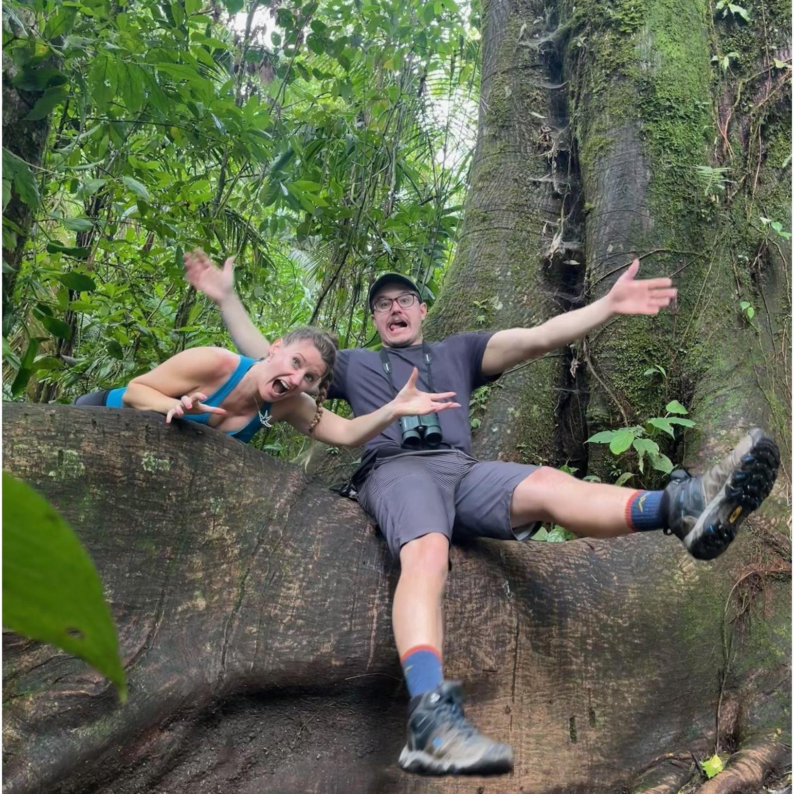 Having fun with a 200 year old ceiba tree in the rainforest of Parque Nacional Volcán Arenal, Costa Rica