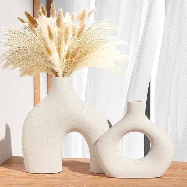Zormon White Ceramic Vase Set of 2, Pampas Grass Vases for Home Decor, Round Matte Boho Vases for Flowers, Nordic Minimalism Style vase for Living Room Bedroom Shelf Decor