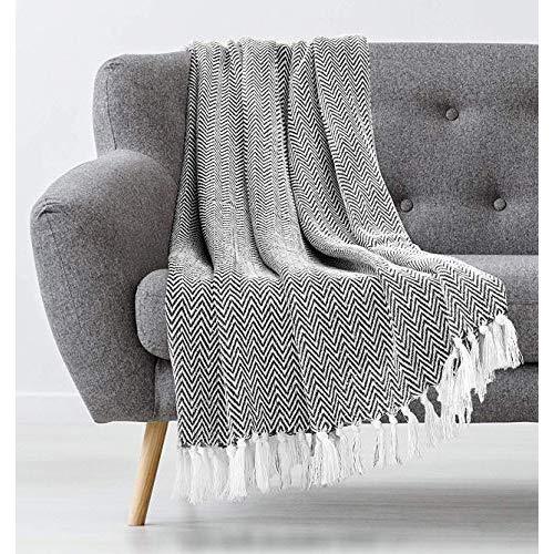 Americanflat Zaina Black and White Herringbone Cotton Blanket Throw with Fringe - 50x60 Inches