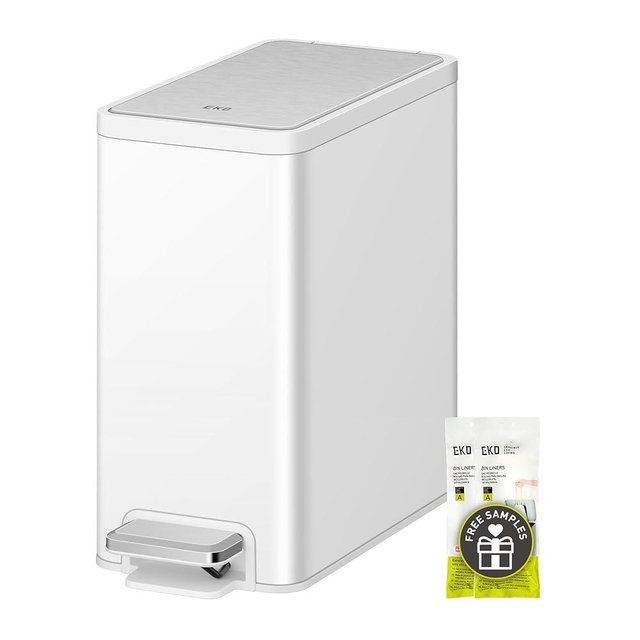 EKO Slim Small Bathroom Trash Can with Lid, Stainless Steel Small Garbage Can with Removable Inner Bucket, 6L / 1.6 Gal, Step On Trash Bin (White)