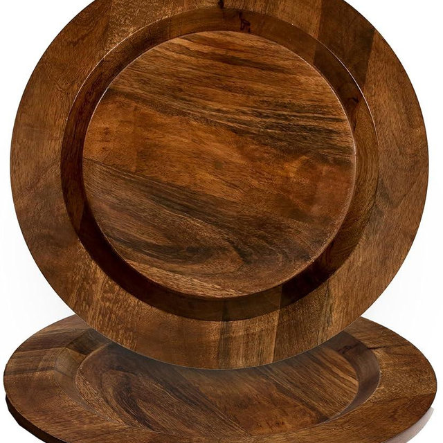 CLEENTABLE Wooden Dinner Plates Set of 2-13" Serving Dinner Plate Chargers for Weddings, Parties, Rustic Table Decor, Indoor Outdoor Dining - Lightweight Round Appetizer Plates (Walnut)