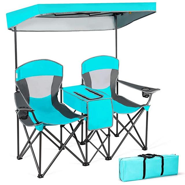 GYMAX Folding Canopy Camp Chair, Sports Chair with Adjustable UV Protection Shade, Cup Holder & Carry Bag, Portable Beach Camping Chair for Picnic, Fishing, Hiking (Navy, 2-Person)