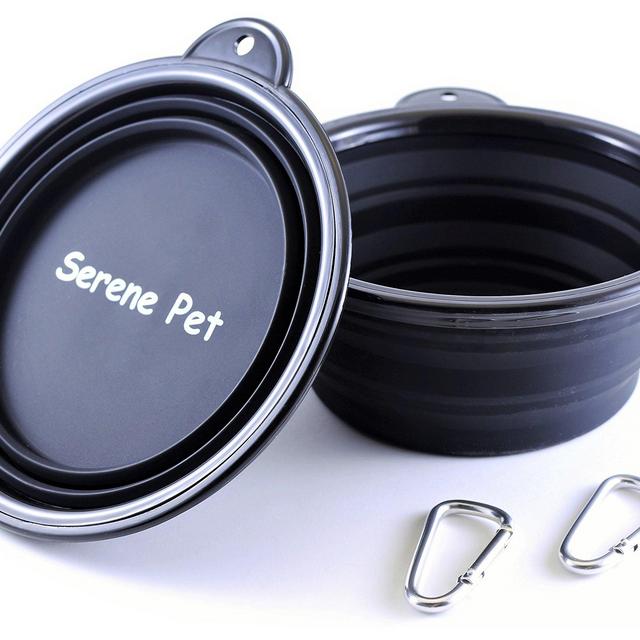 Collapsible Travel Dog Bowls by Serene Pet: 2 Bowl Pack, Dish for Medium and Large Size Pets, Premium Quality, Food Grade Silicone, FDA Approved, With Carabiners, Foldable and Expandable