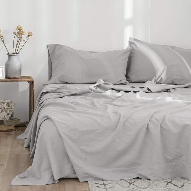Simple&Opulence Belgian Linen Sheet Set Solid Color - 4 Pieces (1 Flat Sheet & 1 Fitted Sheet & 2 Pillowcases) Natural Flax Cotton Blend Soft Bedding Breathable Farmhouse - Grey, King Size