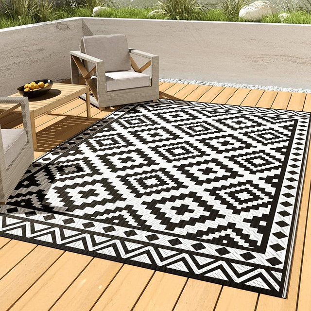 HAUSHOF 5'X8' Outdoor Rug Waterproof, Thickened Outdoor Plastic Straw Rug, Reversible Patio Rug with 4 Rug Stakes, Outdoor Carpet Mat for RV Trip, Camping, Beach, Deck, Porch, Balcony, Black&White