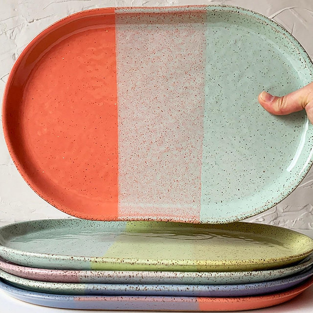 Handmade Stoneware Large Oval Tray, Modern Speckled Stoneware